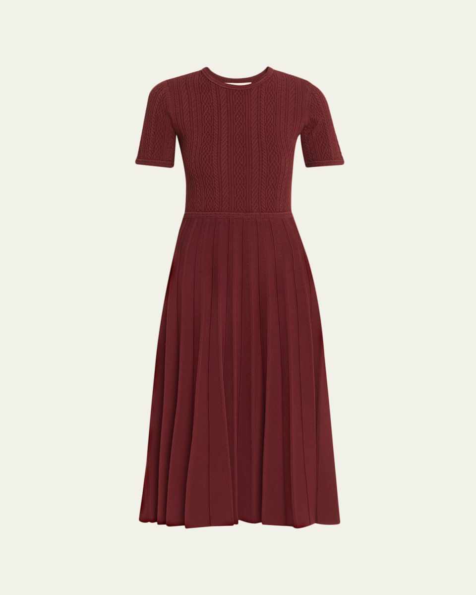 Fisherman-Knit Short-Sleeve Pleated Midi Dress